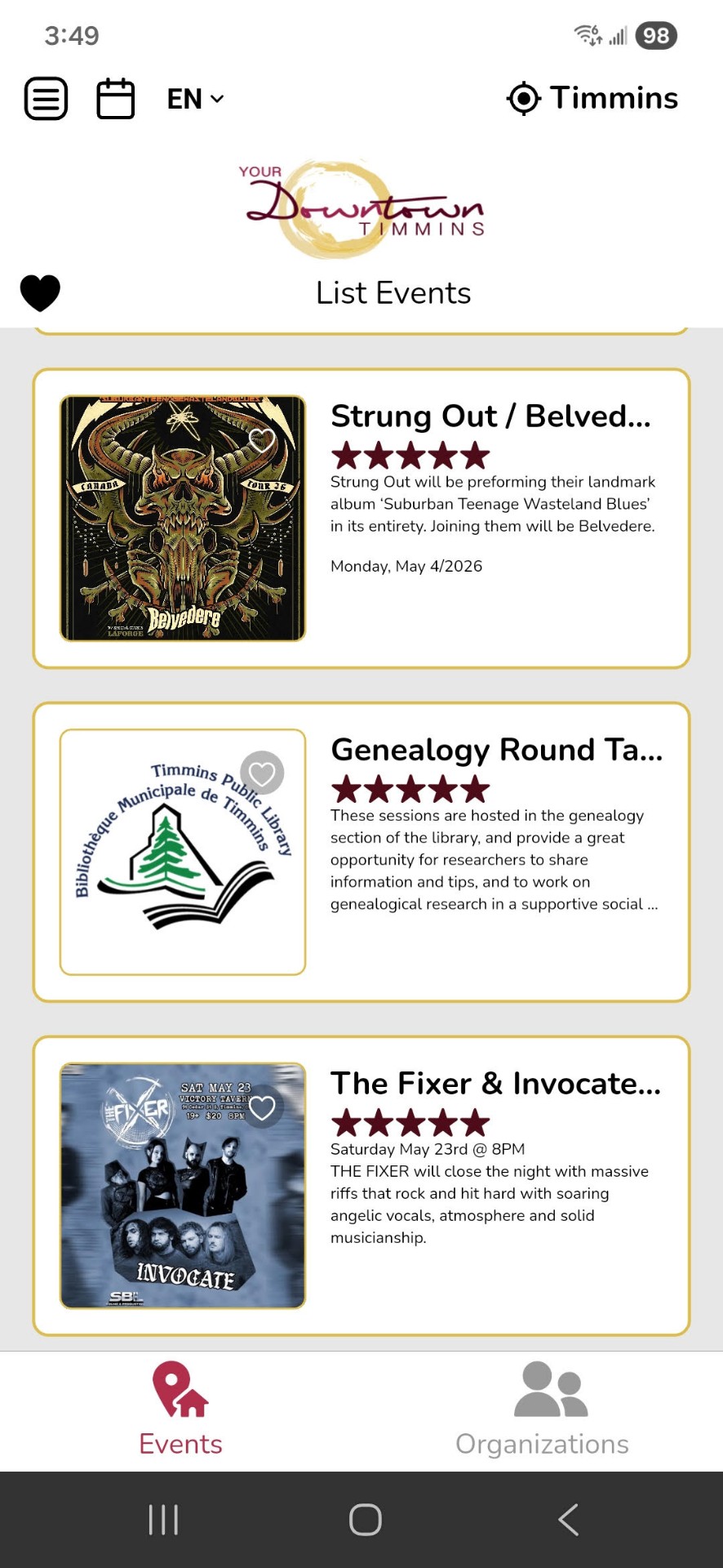 Downtown Timmins BIA app showing the List Organizations screen