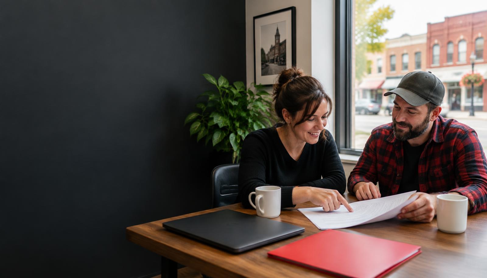 Illustrative image of two Ontario community organizers reviewing a document together